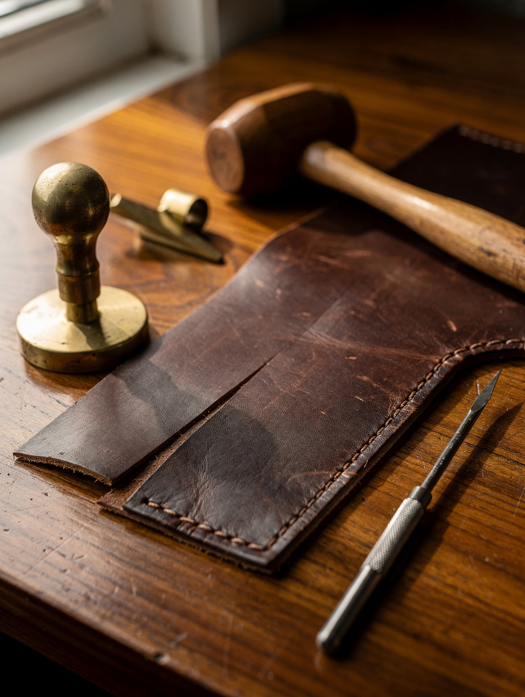 Artisan beveling and hand-stitching vegetable-tanned leather at the workshop workbench