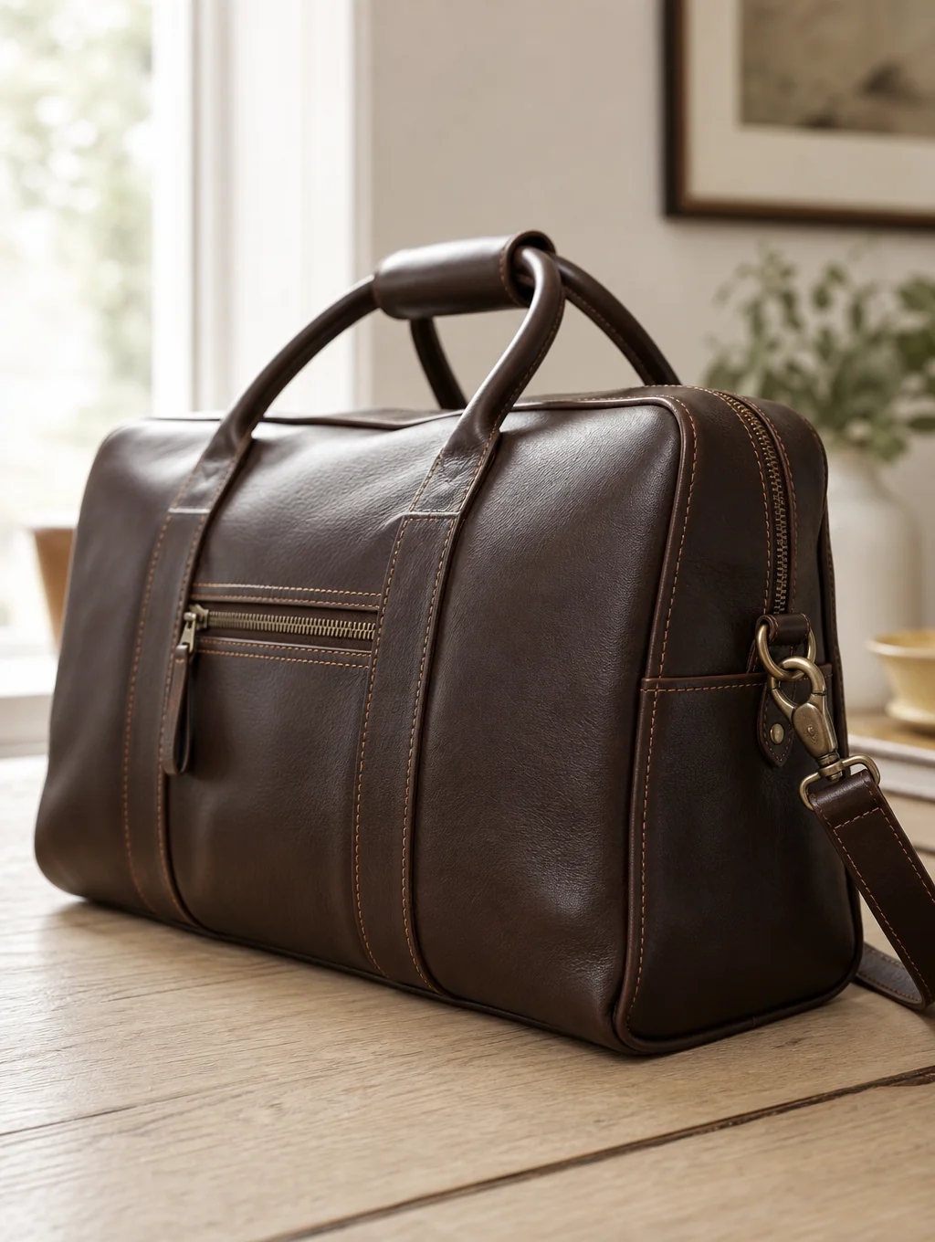 Vegetable-tanned leather bag resting on a wooden workshop cutting table under morning window light