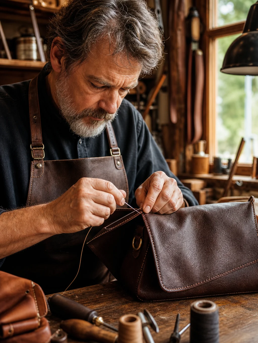 Artisan hand-stitching vegetable-tanned leather at a timber workbench
